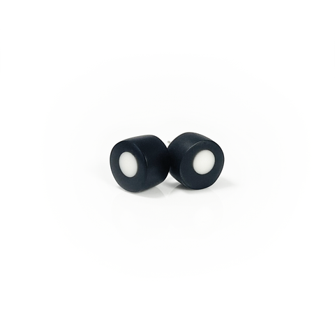 Jet black resin stud earrings inlaid with a white dot. Fitted with Sterling silver pins.