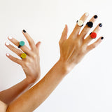 The 5 colours of disc rings displayed on model hands