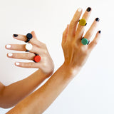 The 5 colours of disc rings displayed on model hands