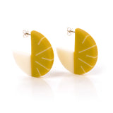 Minimalist dic hoop earrings, handmade from mustard green and creamy white resin. Fitted with silver pins and butterfly backs.