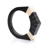 Black and white designer resin bangle, inlaid with Art Deco style Sun Ray pattern