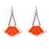 Art Deco drop earrings handmade from orange and cream resin. Chain and hooks are Sterling silver.