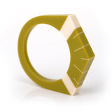 Mustard green Art Deco resin bracelet inlaid with Sun Ray motif in ivory white