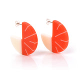 Minimalist style disc earrings, handmade from orange and white resin. Fitted with Sterling silver pins and butterfly backs.