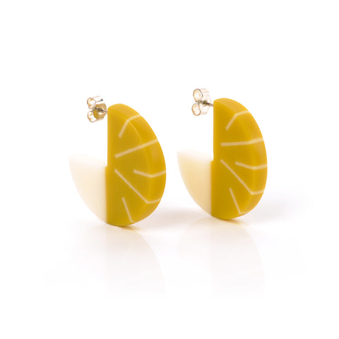 Geometric disc hoop earrings, handmade from chartreuse green and ivory white resin. Fitted with silver pins and butterfly backs.