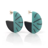 Blue and black geometric resin disc hoop earrings handmade from resin and silver