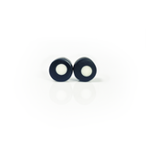 Jet Black resin stud earrings inlaid with a white dot. Fitted with Sterling silver pins.