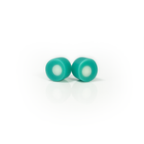 Teal blue resin stud earrings inlaid with a white dot. Fitted with Sterling silver pins.