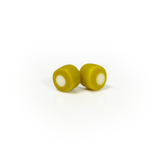 Lime green resin stud earrings inlaid with a white dot. Fitted with Sterling silver pins.
