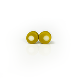 Lime Green resin stud earrings inlaid with a white dot. Fitted with Sterling silver pins.