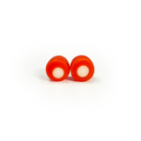 Tangerine orange resin stud earrings inlaid with a white dot. Fitted with Sterling silver pins.
