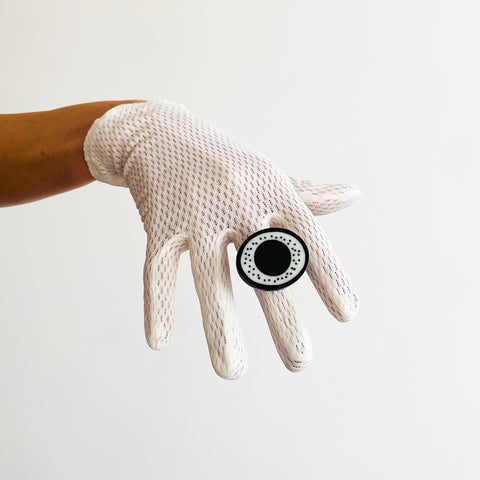 Large Monochrome Cocktail Ring With Dots worn on model gloved hand