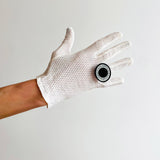 Large Monochrome Cocktail Ring With Dots worn on model gloved hand
