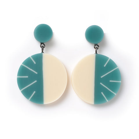 Circular drop earrings, handmade from turquoise and white resin. Cast in a modernist style.