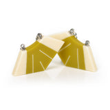 Art Deco style drop earrings handmade from mustard green and cream resin. Fitments are Sterling silver.