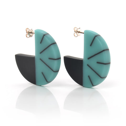 Blue and black geometric resin disc hoop earrings handmade from resin and silver 