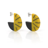 modernist hoop disc earrings handmade from yellow and black resin