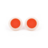 orange and white minimalist round stud earrings; a beautiful tangerine circle is set in ivory white resin.; fitted with sterling silver pins