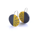 black and yellow round drop earrings handmade from resin and silver